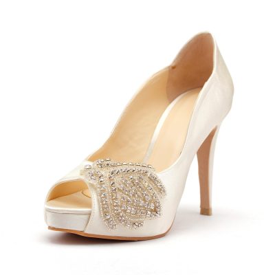 Ivory Satin Peep-Toe Rhinestone Ornament Stiletto Pumps