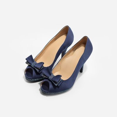 Navy Blue Bow Peep-Toe High Heel Pumps