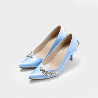 Sky Blue Satin Pointed Toe Rhinestone Floral Stiletto Pumps
