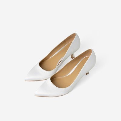 White Pointed Toe Low Heel Pumps